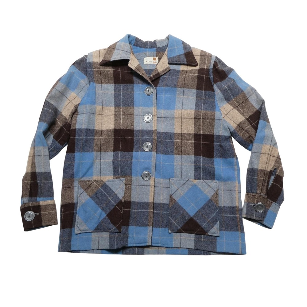 Vintage Aldens Jacket Womens L Blue Plaid Wool Flannel Button Pockets Barn‎